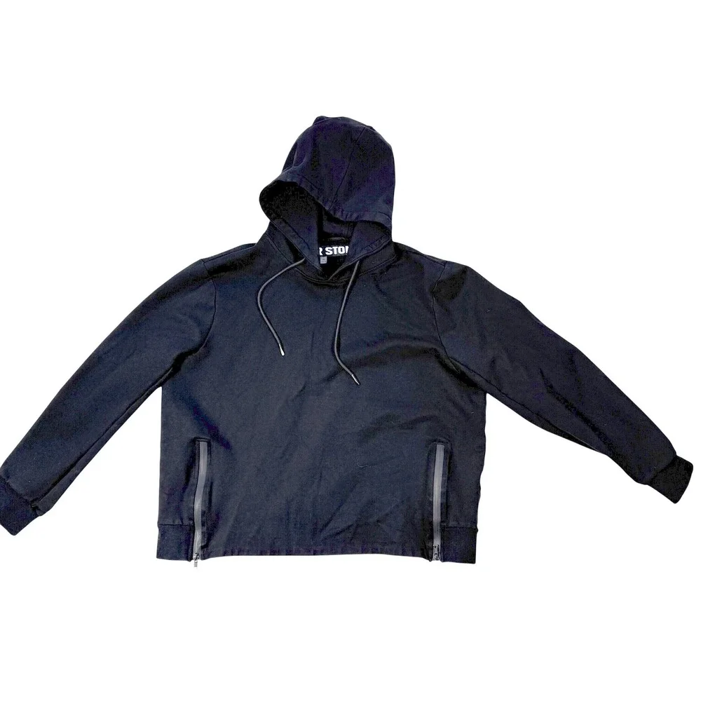 RIVER STONE Black Heavyweight Streetwear Hoodie Side Zip Vents Structured Fit XL